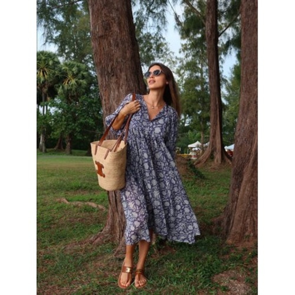 Daughters of India Kyra Midi Dress Blue Iris Floral Cotton Size XS